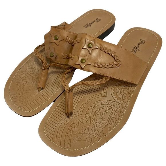Passofino Brazil Tan Leather Sandals Boho Thong Sandal Dressy Flats Size 10 - Picture 1 of 11